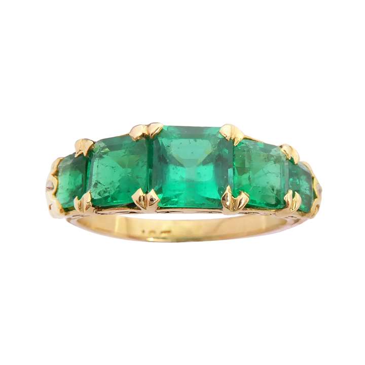 Antique emerald five stone ring, c.1890, with graduated Colombian emeralds approximately 2.40cts in all,